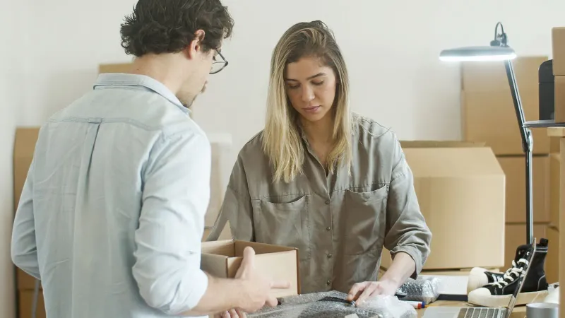 Zwei junge Erwachsene packen Bekleidungsartikel in einem Büro für ihr Online-Shop-Startup.