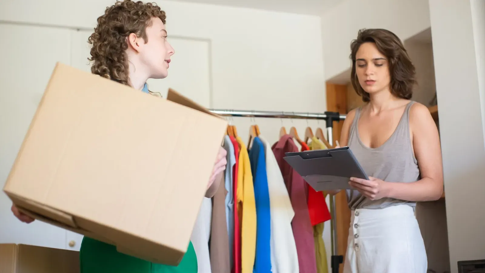 Zwei Frauen organisieren Kleidung für einen Online-Shop. Geschäftseinrichtung in Innenräumen.